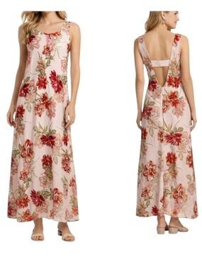 Paper Heart Floral Midi Dress M Linen Blend Open Back Blush